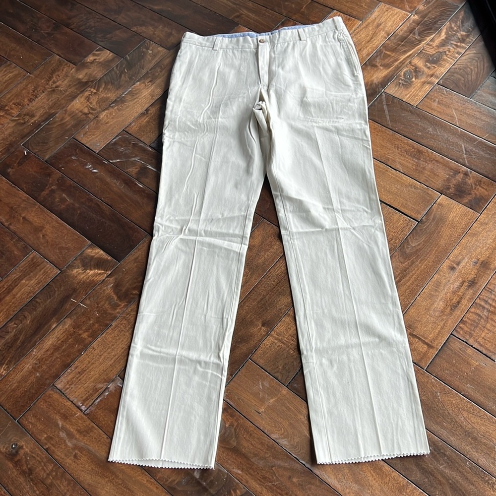 Frank’s pants made in USA stone trim fit long unhemmed inseam plainfront trouser